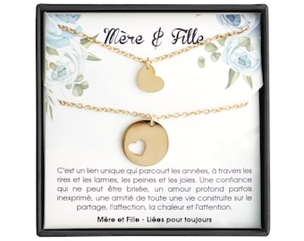 Set de 2 colliers pour femme avec pendentif en forme de cœur Mère Fille. 2 Bijoux personnalisés livrés dans une boite avec message d’amour.