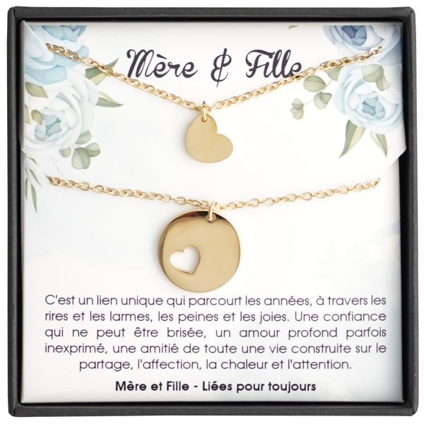 Set de 2 colliers pour femme avec pendentif en forme de cœur Mère Fille. 2 Bijoux personnalisés livrés dans une boite avec message d’amour.