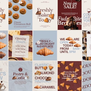 Op de afbeelding: Een collage van bakkerijposters met croissants, kaneelbroodjes en koffie. De posters tonen verschillende bakkerijproducten, waaronder amandel-, boter- en chocoladecroissants. Sommige posters tonen tekst als "Freshly Baked Today" en "Now on Sale!"
