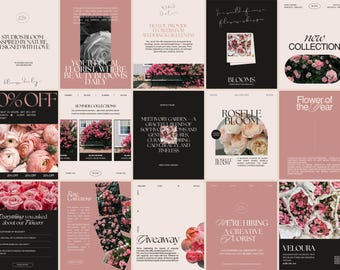 Florist Social Media Templates Design: Pink Rose, Elegant Style (Canva, 135 Posts)