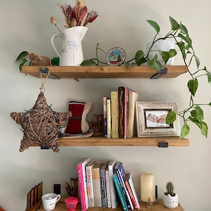 May include: Two wooden shelves with black metal brackets, decorated with books, a ceramic jug with dried flowers, a star-shaped woven ornament, a small ceramic cat figurine, a framed photograph, a potted cactus, and a white ceramic mug.