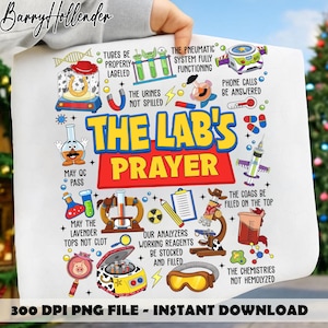 May include: A white print featuring laboratory-themed illustrations and text, including "The Lab's Prayer." The design incorporates lab equipment, humorous phrases, and a horseshoe. The image is held by a person.