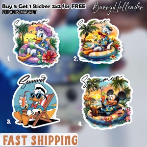 May include: Four colorful stickers featuring Disney characters enjoying summer. Donald Duck and Daisy Duck are shown relaxing in the sun with drinks. Mickey Mouse is also shown. The stickers have the text "Summer Vibes" and "Summer".