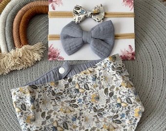 Floral Bandana Bib and Bow Set, Baby Girl Gift