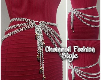 Chainmail Tassels Belt, Waist Belt With Side Dangling Chains, Chainmaille Belly Dance Accessories, Ren Faire Jewellery, Chainmail outfit Gif