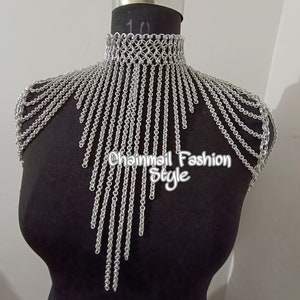 Chainmaille Shoulder Jewelry, Chainmail Collared Neck With Small Chain Layers, Body Chain, Fringed Costume, Ren Faire Dress, Larp Epaulette image 5