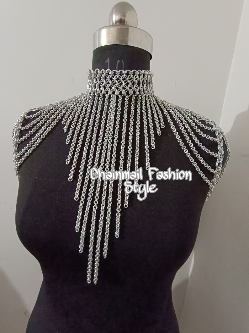 Chainmaille Shoulder Jewelry, Chainmail Collared Neck With Small Chain Layers, Body Chain, Fringed Costume, Ren Faire Dress, Larp Epaulette image 5