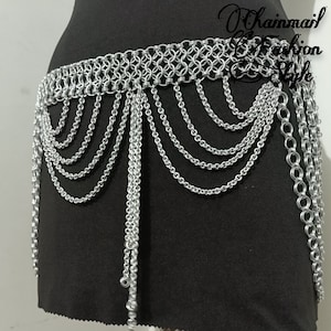 Chainmaille Belt With Centre Dangling, Antique Silver Metal Belt, Belly Dance Belt, Boho Style Adjustable Women Belt, Helloween Festival