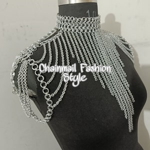 Chainmaille Shoulder Jewelry, Chainmail Collared Neck With Small Chain Layers, Body Chain, Fringed Costume, Ren Faire Dress, Larp Epaulette image 9