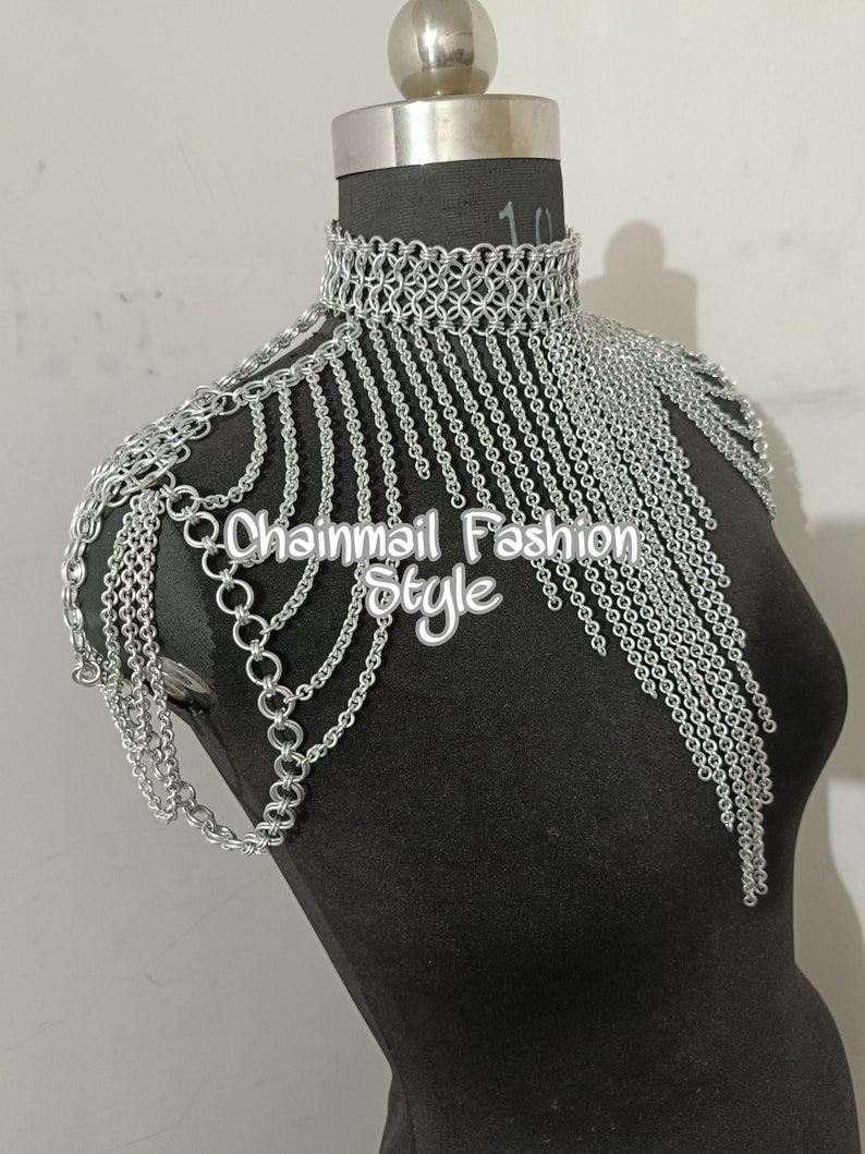 Chainmaille Shoulder Jewelry, Chainmail Collared Neck With Small Chain Layers, Body Chain, Fringed Costume, Ren Faire Dress, Larp Epaulette image 9