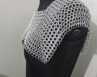 Chainmail Square Shoulder, Chainmaille middeleeuws cosplaykostuum, aluminium sjaal, Moederdagcadeau, dubbele stijl uniseks slijtage re-enactment