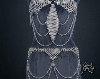 Chainmail Top & Skirt Costume Set, Metal Halter Bralette And Hip Belt for Festivals, Rave, Cosplay, or Gothic Wear, Unique Statement Jewelry