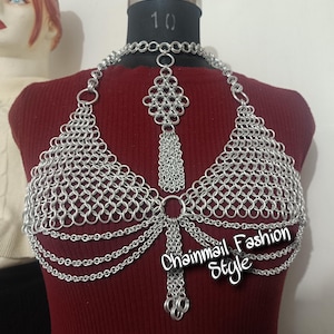 Chainmail Bra, Halter Bra Or Bikini Top with necklace, Metal Harness with body Chains & Punk Armor, Chainmaille Silver Body Jewelery Gift