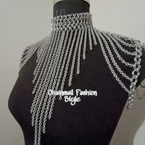 Chainmaille Shoulder Jewelry, Chainmail Collared Neck With Small Chain Layers, Body Chain, Fringed Costume, Ren Faire Dress, Larp Epaulette image 2