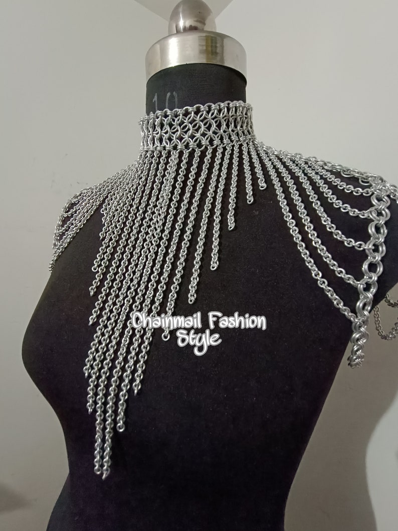 Chainmaille Shoulder Jewelry, Chainmail Collared Neck With Small Chain Layers, Body Chain, Fringed Costume, Ren Faire Dress, Larp Epaulette image 2