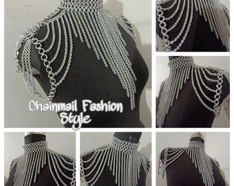 Chainmaille Shoulder Jewelry, Chainmail Collared Neck With Small Chain Layers, Body Chain, Fringed Costume, Ren Faire Dress, Larp Epaulette