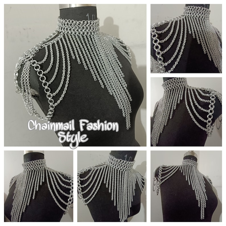 Chainmaille Shoulder Jewelry, Chainmail Collared Neck With Small Chain Layers, Body Chain, Fringed Costume, Ren Faire Dress, Larp Epaulette image 1