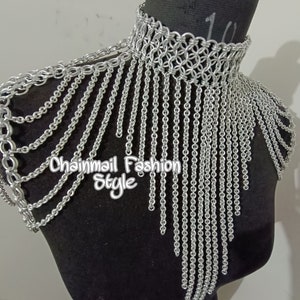 Chainmaille Shoulder Jewelry, Chainmail Collared Neck With Small Chain Layers, Body Chain, Fringed Costume, Ren Faire Dress, Larp Epaulette image 6