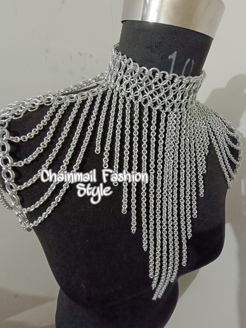 Chainmaille Shoulder Jewelry, Chainmail Collared Neck With Small Chain Layers, Body Chain, Fringed Costume, Ren Faire Dress, Larp Epaulette image 6