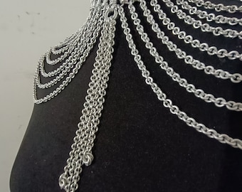 Chainmail shoulder jewelry with Dangling small  chain layers, aluminum jump rings neck piece, Christmas wedding Costume, larp body jewelry