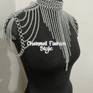 Chainmaille Shoulder Jewelry, Chainmail Collared Neck With Small Chain Layers, Body Chain, Fringed Costume, Ren Faire Dress, Larp Epaulette image 4