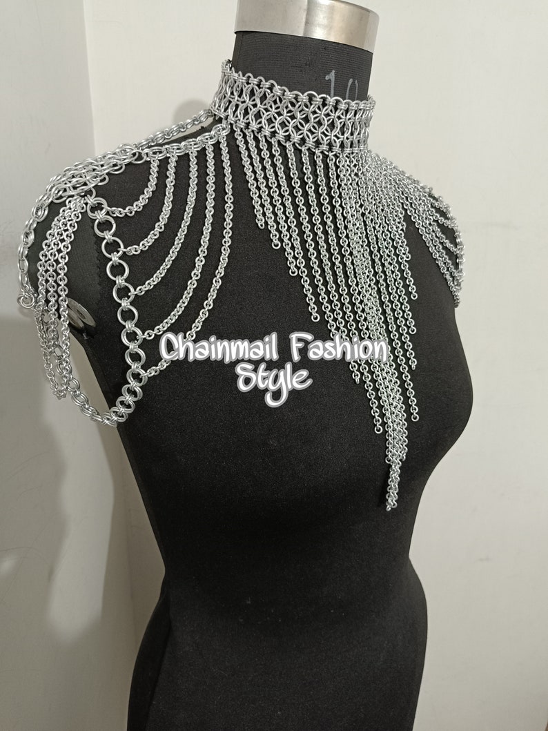 Chainmaille Shoulder Jewelry, Chainmail Collared Neck With Small Chain Layers, Body Chain, Fringed Costume, Ren Faire Dress, Larp Epaulette image 4