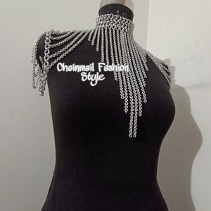 Chainmaille Shoulder Jewelry, Chainmail Collared Neck With Small Chain Layers, Body Chain, Fringed Costume, Ren Faire Dress, Larp Epaulette image 3