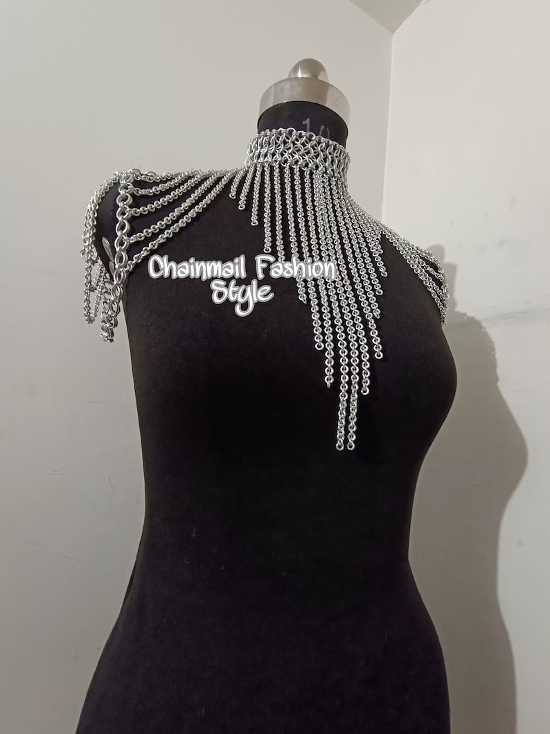 Chainmaille Shoulder Jewelry, Chainmail Collared Neck With Small Chain Layers, Body Chain, Fringed Costume, Ren Faire Dress, Larp Epaulette image 3