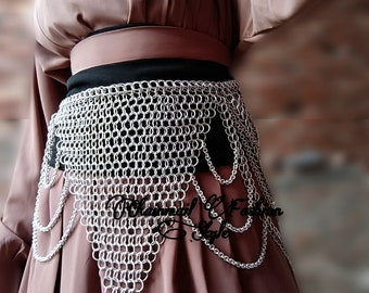 Chainmaille Front And Sides Design Skirt/Belt, Chainmail Waist Belt With Chain Layers, Medieval Metal Body Jewelery, SCA Larp Corset Belt,