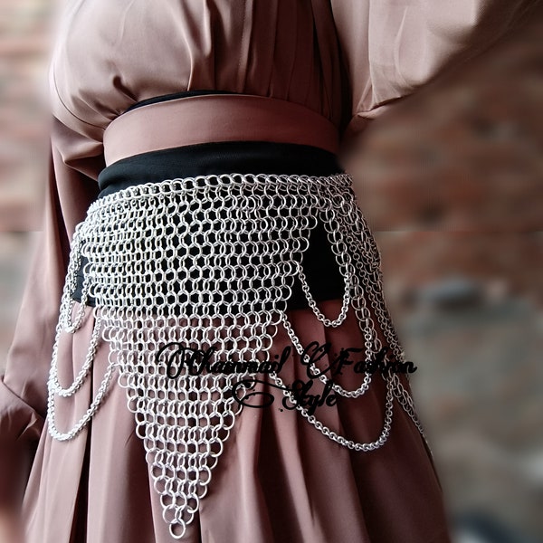 Chainmaille Front And Sides Design Skirt/Belt, Chainmail Waist Belt With Chain Layers, Medieval Metal Body Jewelery, SCA Larp Corset Belt,