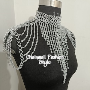 Chainmaille Shoulder Jewelry, Chainmail Collared Neck With Small Chain Layers, Body Chain, Fringed Costume, Ren Faire Dress, Larp Epaulette