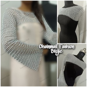 Chainmail Silver Long Sleeves Shrug,  Handmade Loose Cropped Pullover Top, Elegant And Most Beautiful Wedding Costume, Helloween Cosplay Gif