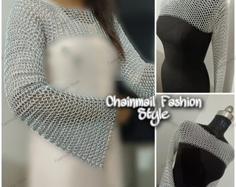 Chainmail Silver Long Sleeves Shrug,  Handmade Loose Cropped Pullover Top, Elegant And Most Beautiful Wedding Costume, Helloween Cosplay Gif