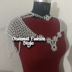 Chainmail shoulder jewelry, women&#39;s necklace, body chain fashion jewellery, vintage bride wedding chain neck piece, Christmas silver gift,