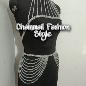 Chainmail Silver Harness, Festival Outlook Top & Skirt, Emperor Bondage Fetish Wear Shoulder Chain, Chain Bralette, Belly Chain, Party Dress