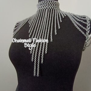Chainmaille Shoulder Jewelry, Chainmail Collared Neck With Small Chain Layers, Body Chain, Fringed Costume, Ren Faire Dress, Larp Epaulette image 7