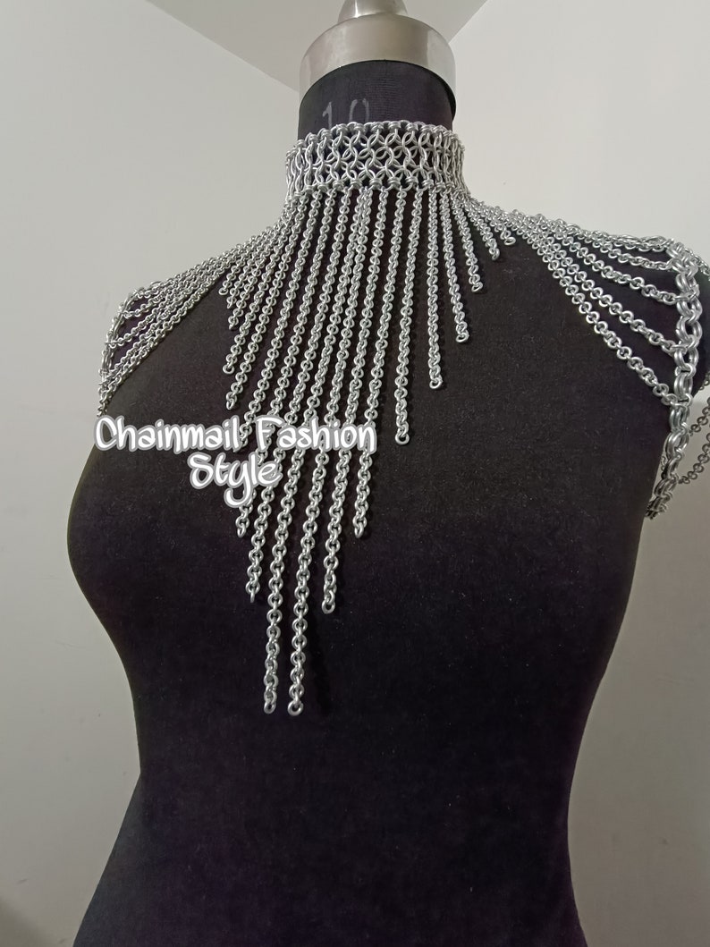 Chainmaille Shoulder Jewelry, Chainmail Collared Neck With Small Chain Layers, Body Chain, Fringed Costume, Ren Faire Dress, Larp Epaulette image 7