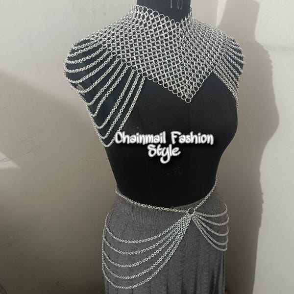 Chainmail collar with small shoulder chain layers metal aluminium chainmail jump rings neck piece cosplay costume festival renaissance faire
