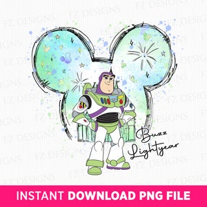 Peut inclure: Une illustration numérique de Buzz l'Éclair de la franchise Toy Story. Buzz se tient devant une tête de Mickey Mouse en aquarelle verte et bleue avec des étoiles et des feux d'artifice. Le texte "Buzz l'Éclair" est écrit en cursive noire sous Buzz.