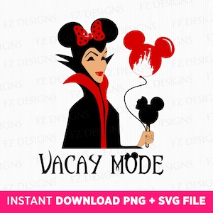 May include: A black and red illustration of a Disney villain with a red bow and a red and white Mickey Mouse balloon. The text "Vacay Mode" is below the image.