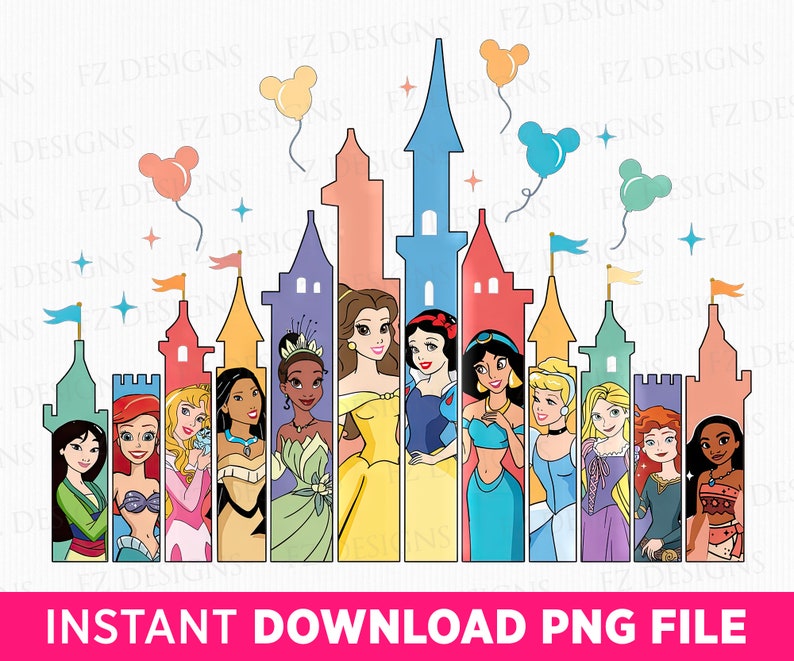 Pu&ograve; includere: Un'illustrazione digitale del castello Disney con 10 principesse Disney in piedi di fronte ad esso. Le principesse sono, da sinistra a destra: Mulan, Ariel, Belle, Pocahontas, Tiana, Cenerentola, Jasmine, Biancaneve, Aurora e Rapunzel. Il castello &egrave; di colore azzurro, rosa e giallo. Le principesse indossano tutte i loro abiti caratteristici.