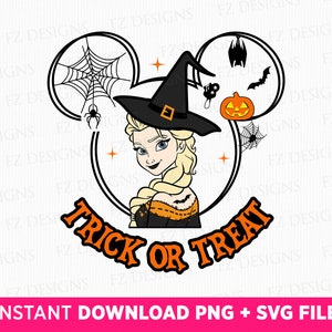 Halloween Frozen Princess Svg, Halloween Witch Svg, Princess with Mouse Ear, Trick or Treat Svg, Bat, Pumpkin, Web, Png File For Sublimation