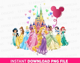 Principesse acquerello PNG, castello e palloncini (download digitale)