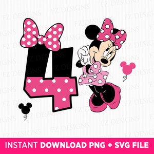 Anniversaire fille Svg, Svg anniversaire souris mignonne, 4 ans anniversaire Svg, joyeux anniversaire Svg, fichiers Png Svg, téléchargement immédiat