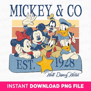 May include: A vintage-style illustration of Mickey Mouse and his friends, including Minnie Mouse, Donald Duck, Goofy, and Pluto. The characters are arranged in a circle around a yellow star with the text "MICKEY & CO EST. 1928 Walt Disney World" below.