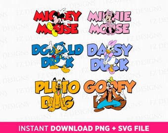 May include: A digital graphic featuring six Disney characters: Mickey Mouse, Minnie Mouse, Donald Duck, Daisy Duck, Pluto, and Goofy. Each character's name is displayed in a colorful, stylized font. The image includes the text "INSTANT DOWNLOAD PNG + SVG FILE".