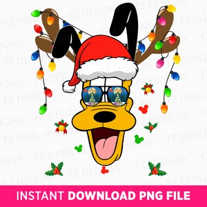 Puede incluir: Ilustración de dibujos animados de un perro amarillo con gorro de Papá Noel, gafas de sol y cuernos de reno adornados con luces navideñas de colores. Las gafas de sol reflejan una escena navideña. Incluye el texto "INSTANT DOWNLOAD PNG FILE".