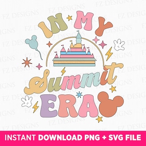 May include: A colorful graphic design with the text "In My Summit Era" in a retro font. The design features a cartoon castle, Mickey Mouse ears, and stars.