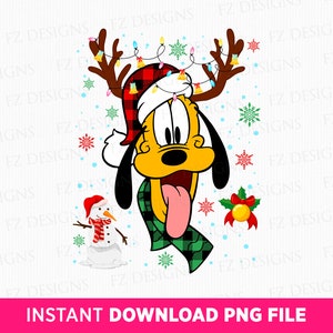 May include: A cartoon dog wearing a red and black plaid Santa hat with a green and black plaid scarf and reindeer antlers. The dog is sticking its tongue out and has a yellow face. The background is white with snowflakes and Christmas lights.