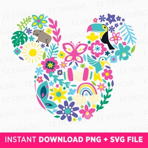 May include: A colorful floral design in the shape of a mouse head, featuring a toucan, hummingbird, and other elements. The design includes butterflies, flowers, and a rainbow. Text at the bottom reads "INSTANT DOWNLOAD PNG + SVG FILE".
